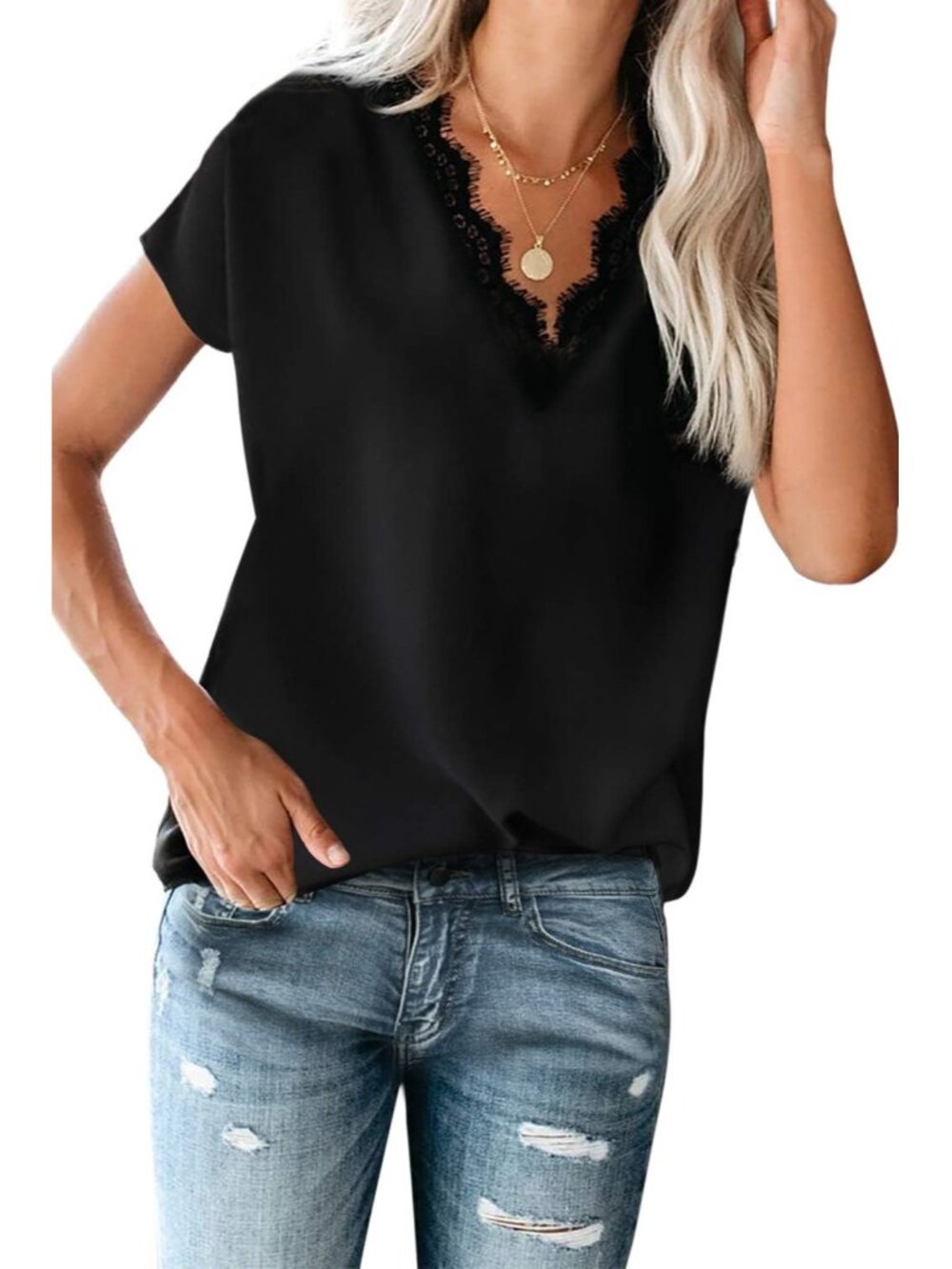 Dressy Lace Trim Blouse Tops Popular Short Sleeve Shirt